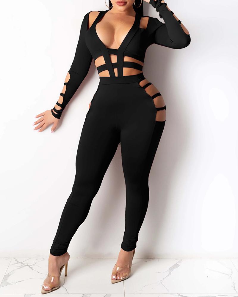 

Plain Ladder Cutout Long Sleeve Skinny Jumpsuit, Black