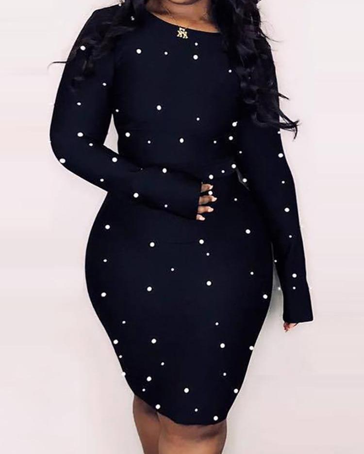 

Long Sleeve Beaded Detail Dress, Black