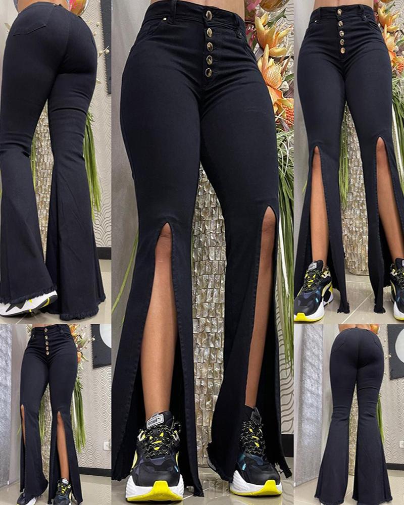 

High Waist Slit Front Flared Pants, Black