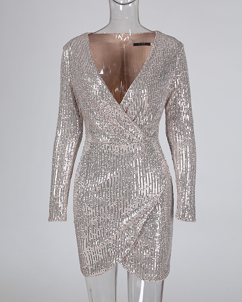 surplice wrap ruched sequins bodycon dress