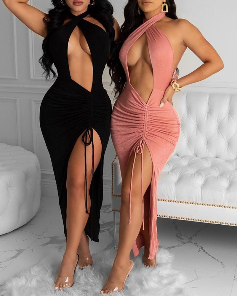 

Cutout Front Ruched High Slit Dress, Black