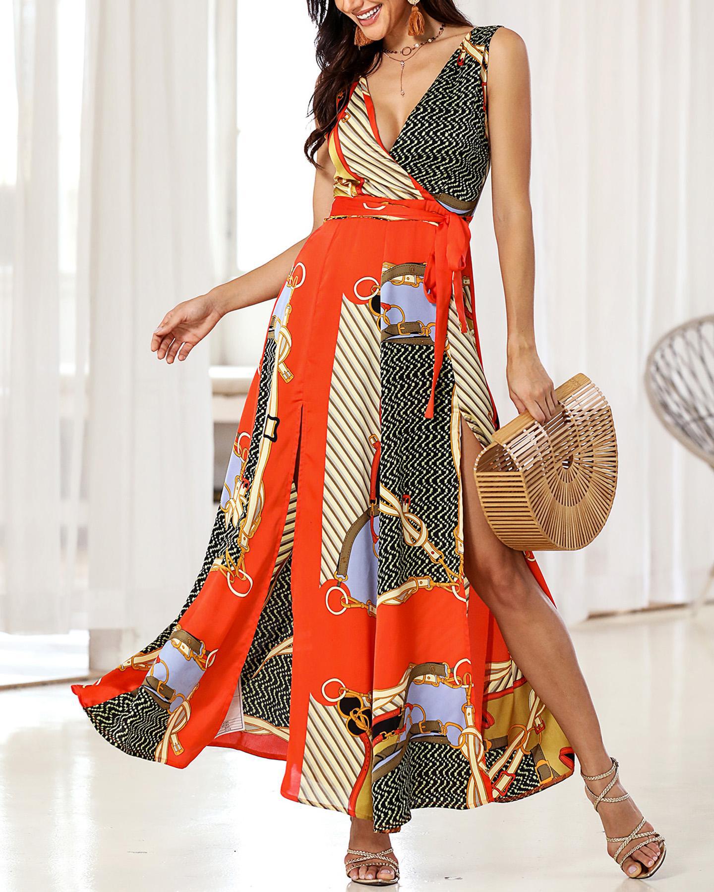 

Scarf Mixed Print Slit Maxi Dress, Multicolor