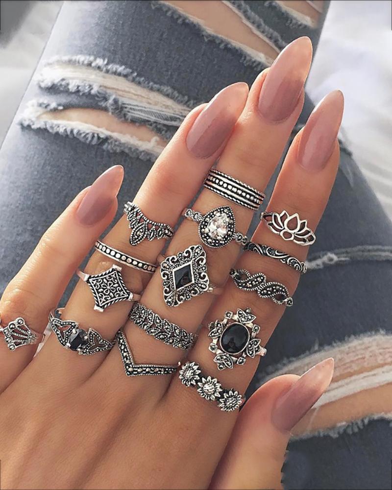 

15PCS Crown Floral Pattern Rings Set, Silver