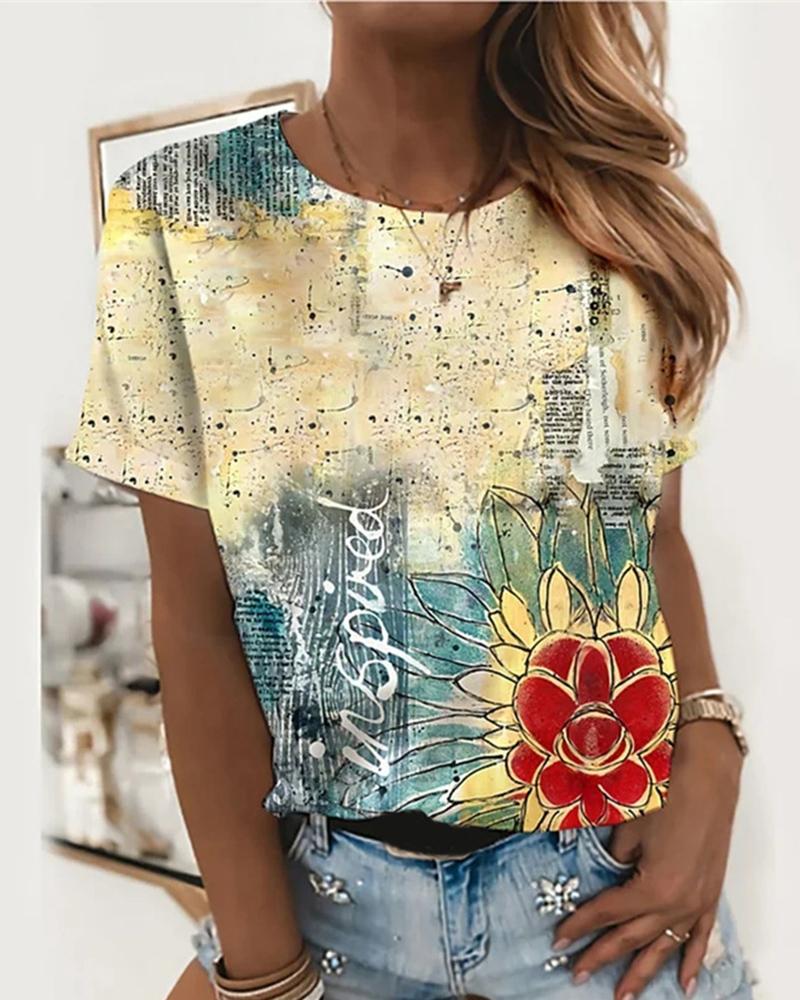 

Letter / Heart / Floral Print Short Sleeve Casual T-Shirt, Style2
