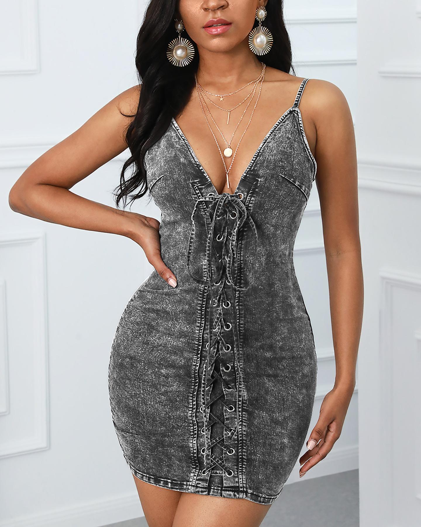 

Eyelet Lace-up Denim Bodycon Dress, Gray
