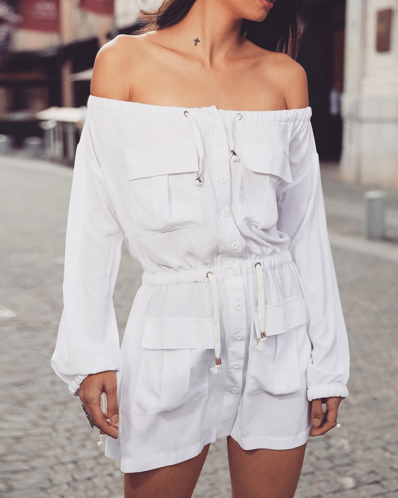 

Off Shoulder Drawstring Pocket Design Casual Dress, White