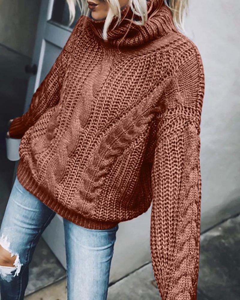 

High Neck Braided Long Sleeve Sweater, Coffee