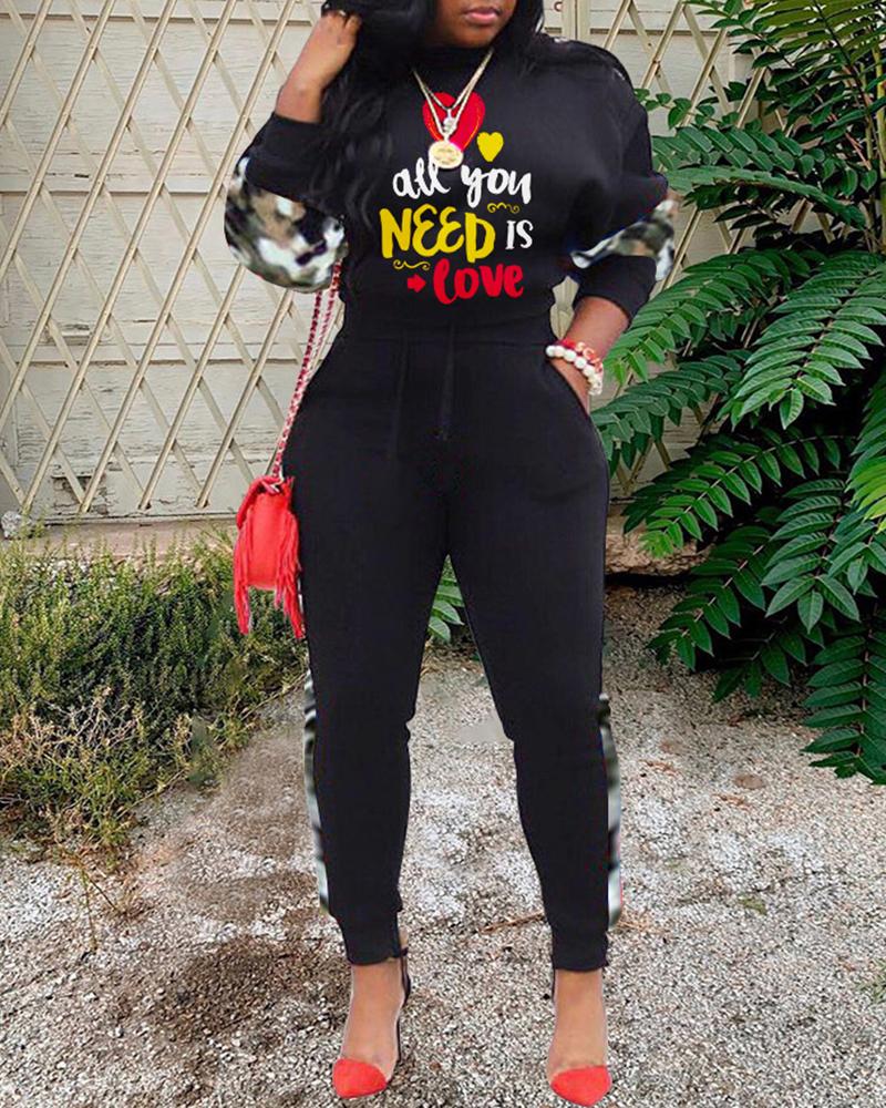

Letter Embroidery Camouflage Top & Drawstring Pants Set, Black