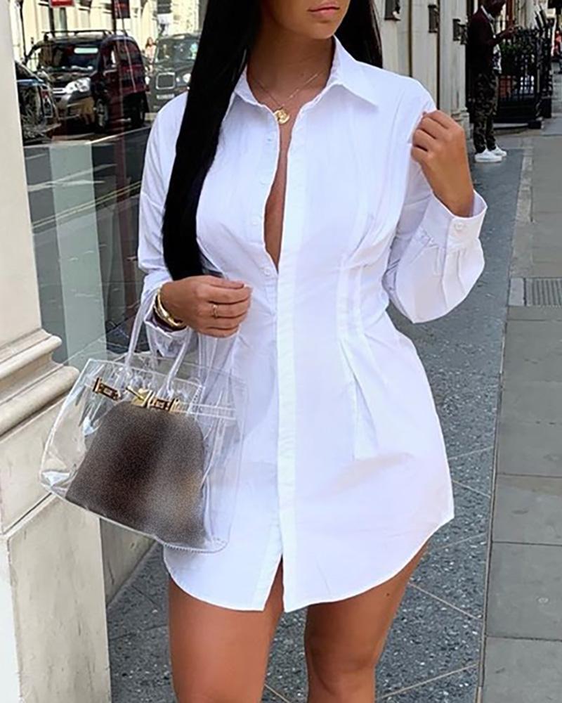 solid long sleeve tight waist buttoned shirt dress