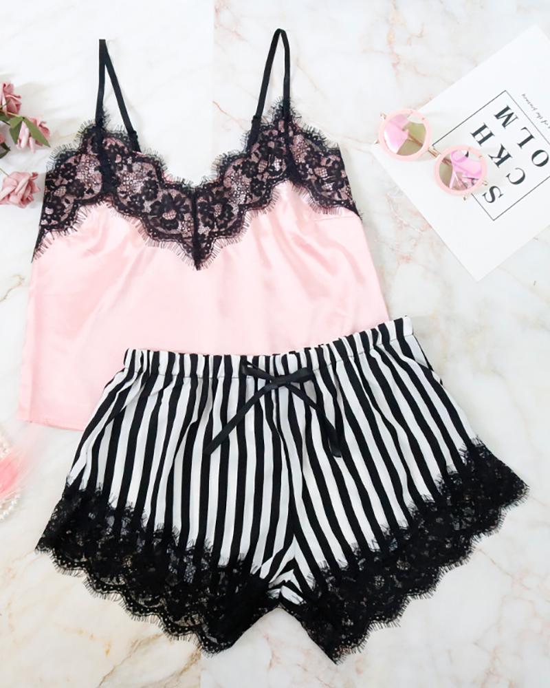 

Striped Spaghetti Strap Lace Trim Cami Set, Pink