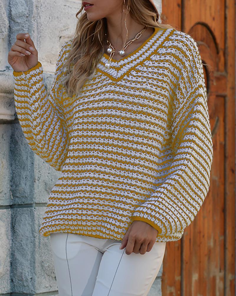 

Striped Long Sleeve Casual Sweater, Yellow