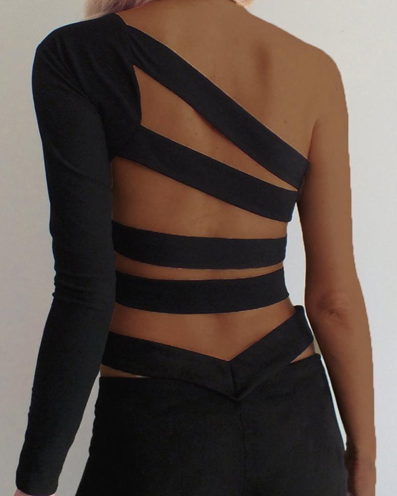 

Solid Long Sleeve One Shoulder Blouse, Black