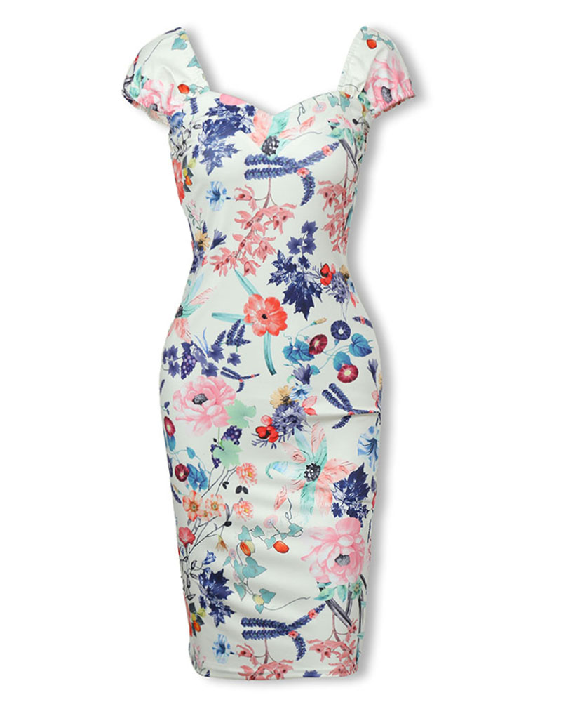 floral print sweetheart neck bodycon dress
