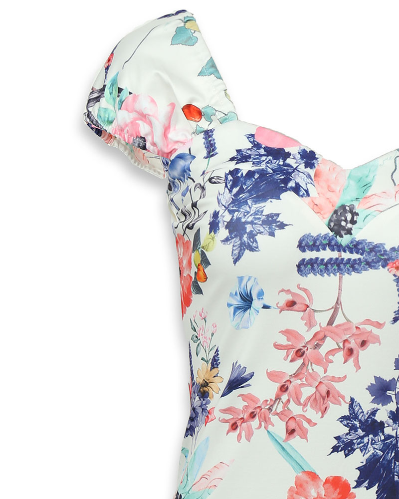 floral print sweetheart neck bodycon dress