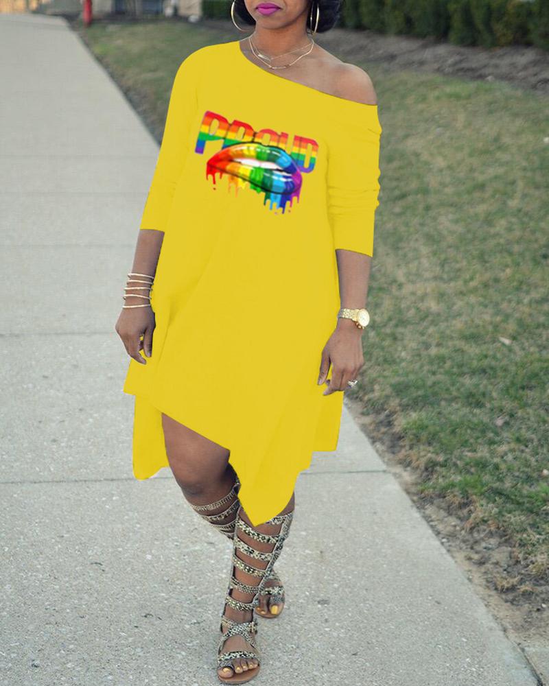 

One Shoulder Long Sleeve Dress, Yellow