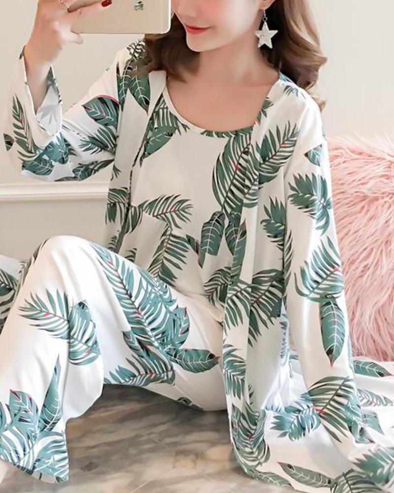 

Tropical Print 3-Piece Pajama Set, Green