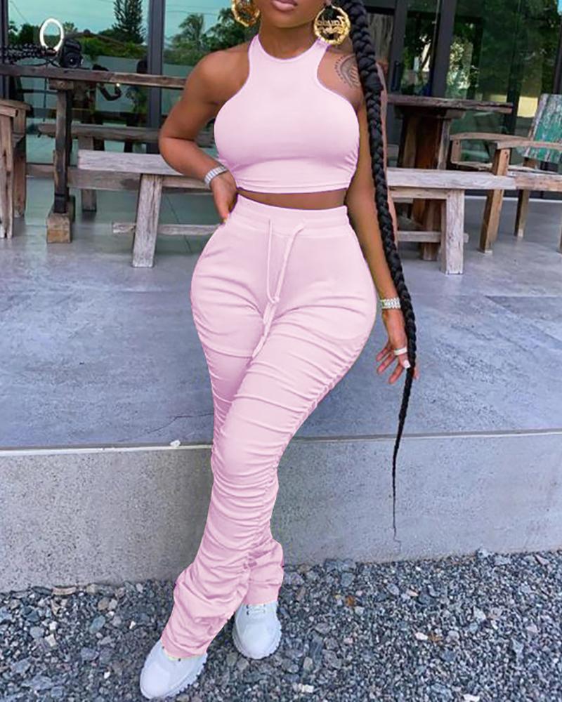 

Sleeveless Crop Top & Ruched Bootcut Pants Set, Pink