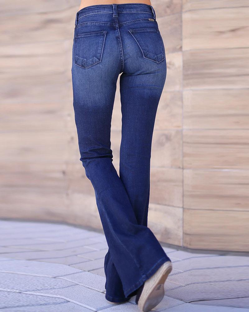 High Waist Solid Casual Bell Bottom Jeans