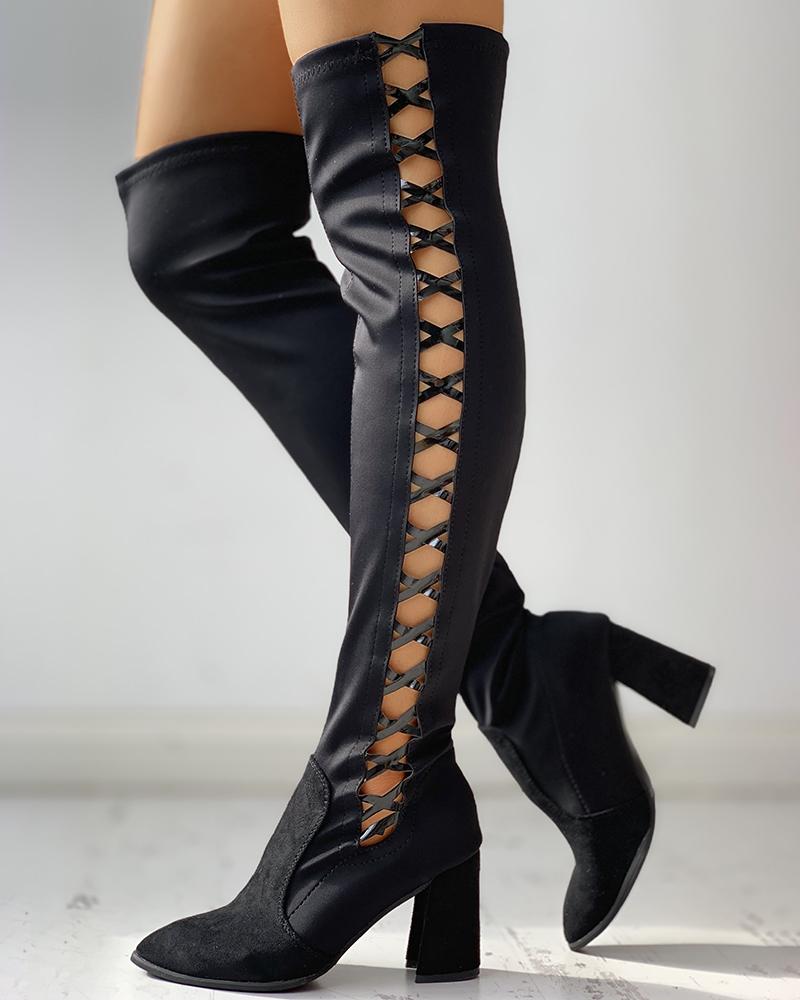 

Suede Lace-Up Chunky Pointed Toe Long Boots, Black
