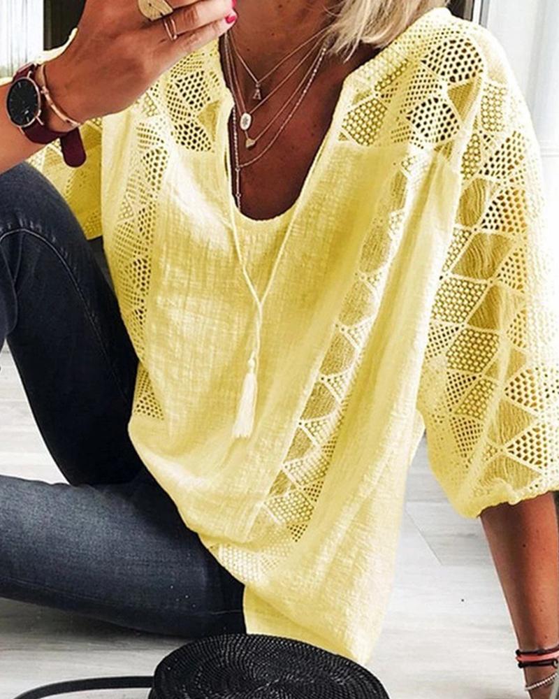 

Hollow Out Tassel Design Casual Women Blouse, Yellow