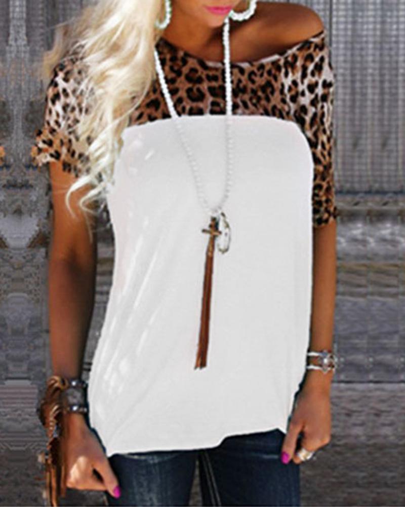 

Splicing Leopard Print Short Sleeve T-shirt, White