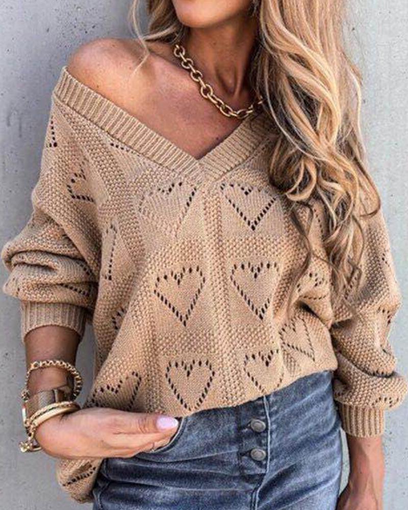 

Heart Hollow Solid Color Long Sleeve Sweater, Khaki