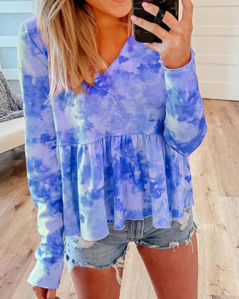 

Tie Dye V Neck Blouse Top, Blue