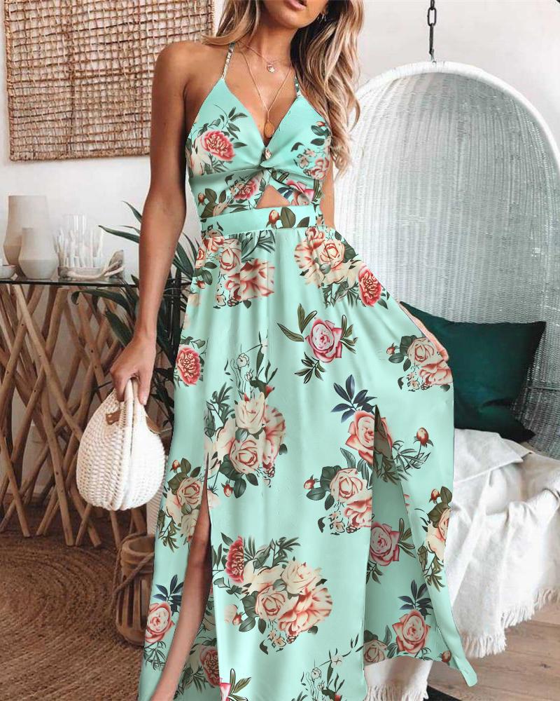 

Spaghetti Strap Floral Print High Slit Maxi Dress, Green