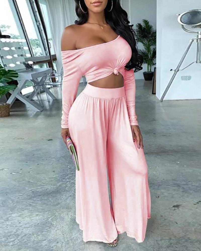 

Plus Size Casual Top & Wide Leg Pants Set, Pink