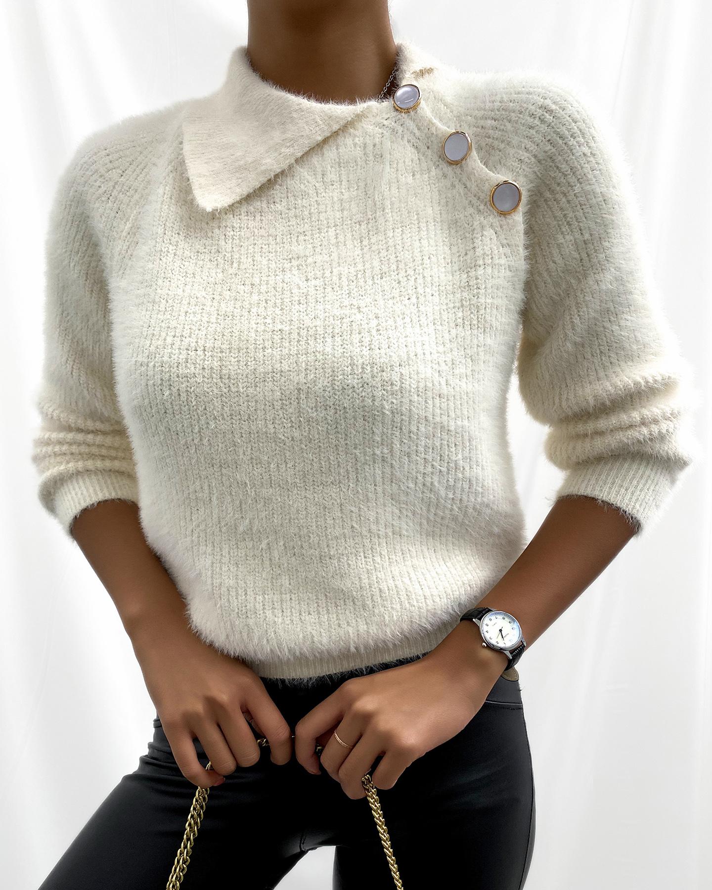 

Button Design Long Sleeve Sweater, Beige