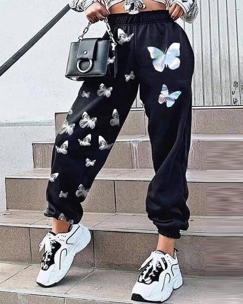 

Butterfly Print High Waist Casual Pants, Black