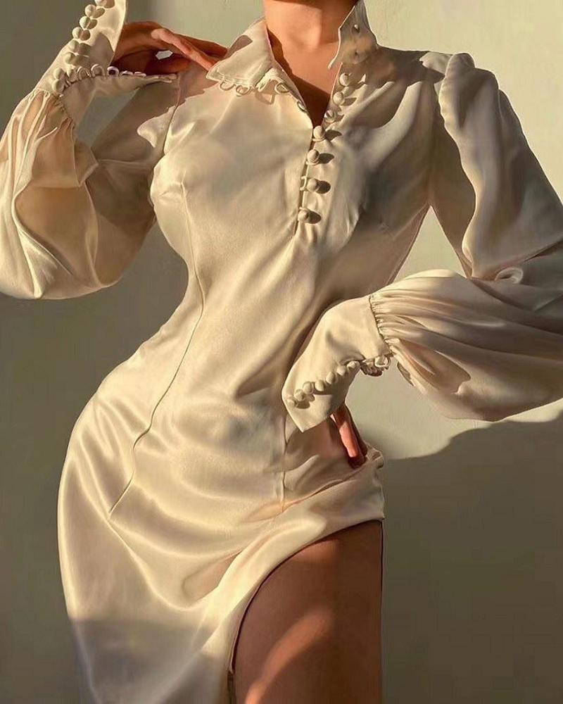 

Button Design Sheer Mesh High Slit Dress, White