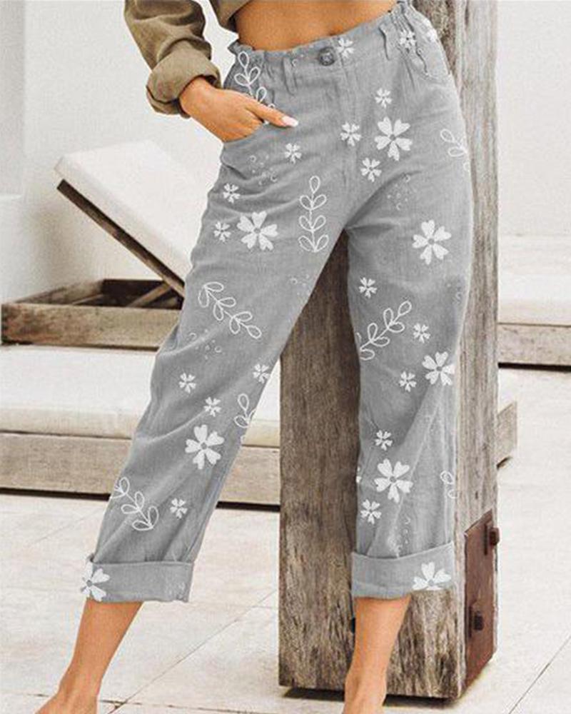 

Floral Button Front Pants, Gray