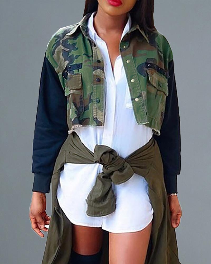 

Turn-down Collar Colorblock Insert Camouflage Pocket Coat, Green