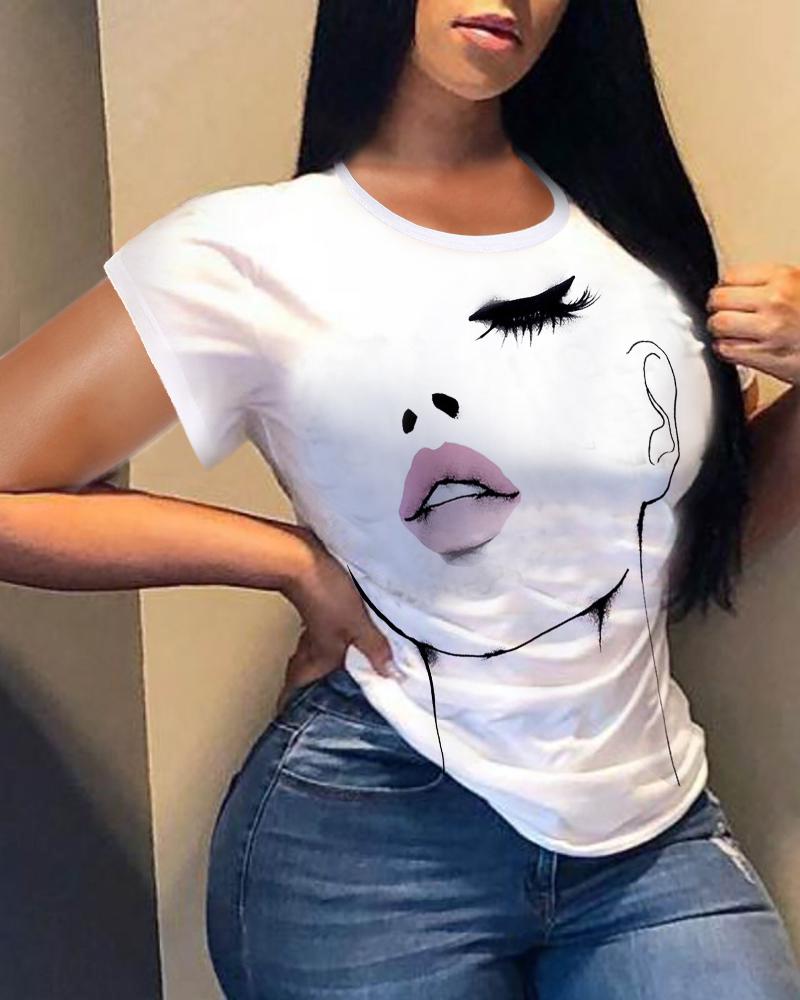

Figure Print Short Sleeve Loose T-shirts, White