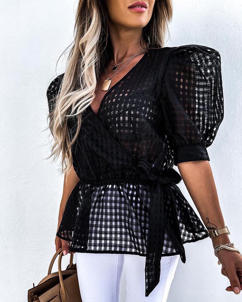 

Plaid Sheer Mesh Puff Sleeve Tied Detail Top, Black
