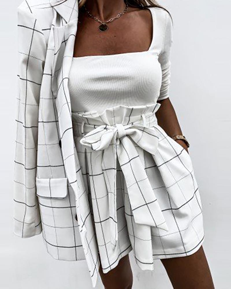 

Plaid Print Blazer Coat & Knotted Design Shorts Set, White