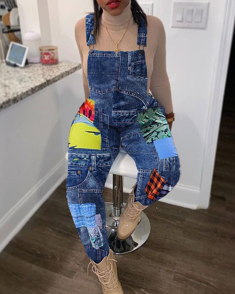 

Colorblock Patch Pocket Design Suspender Jeans, Blue