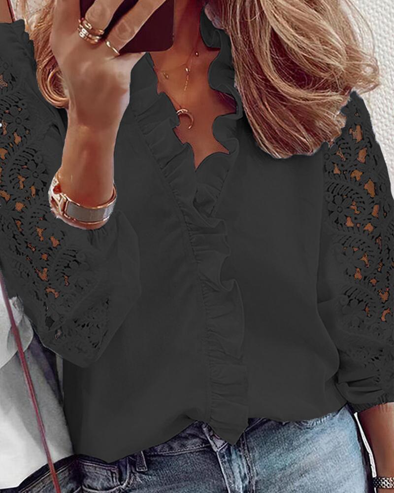 

Solid Color Splicing Lace Ruffle Hem Long Sleeve Shirt, Black