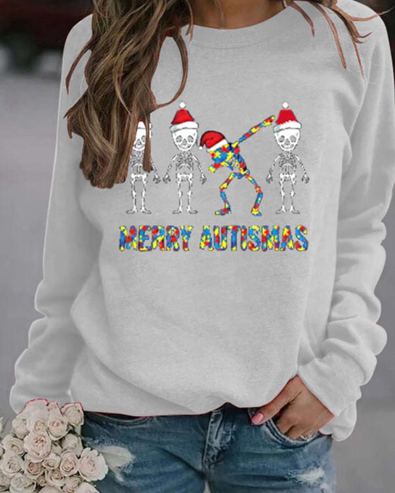 

Christmas Skull Letter Print Long Sleeve Sweatshirt, White