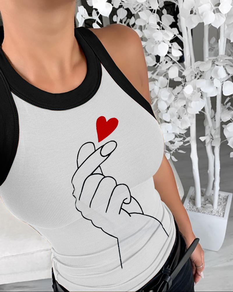 

Heart Slogan Print Tank Tops Summer Sleeveless Basic Cami Top Shirt Slim Knit Ribbed Racerback Blouses, White