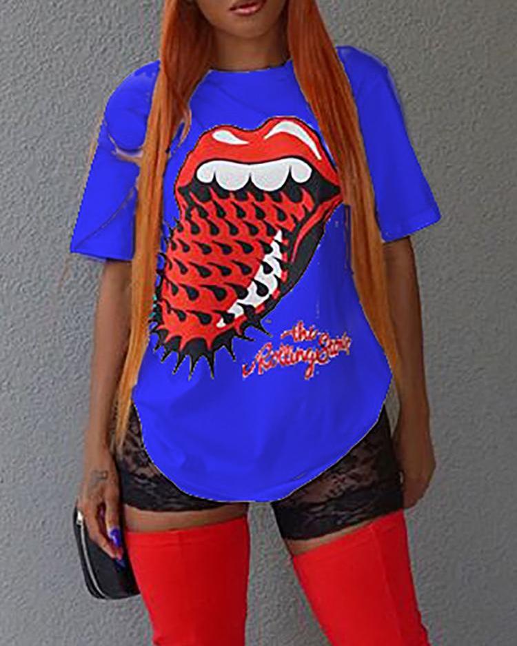 

Woman Digital Print Curved Hem Casual T-shirt, Dark blue