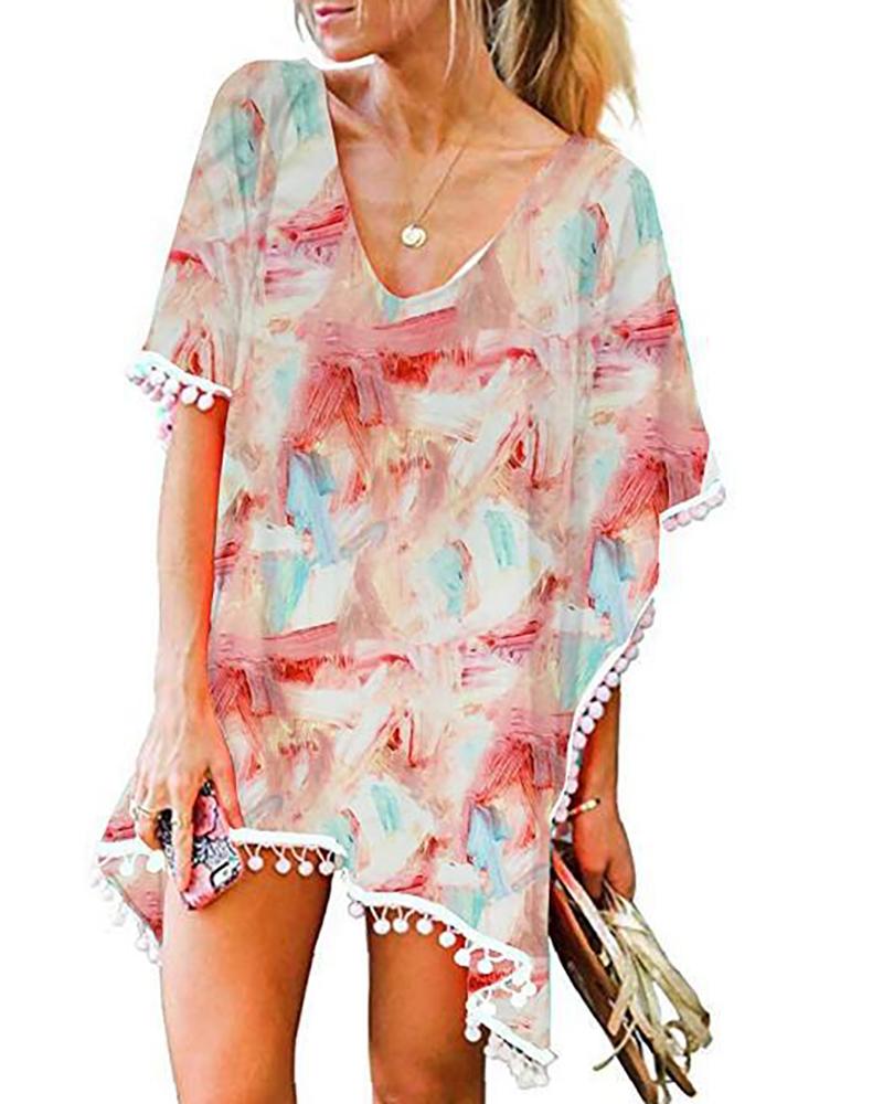 

Tie Dye / Floral / Palm Tree Print Pom Pom Cover Up, Pink