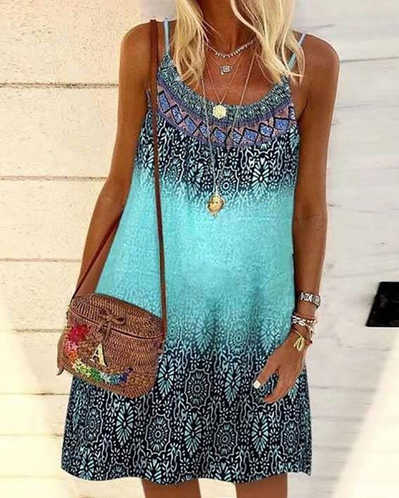 

Graphic Print Colorblock Spaghetti Strap Dress, Blue