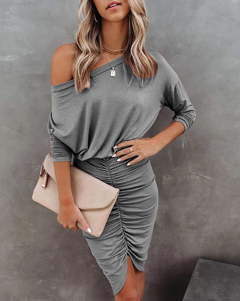 

Long Sleeve Ruched Irregular Dress, Gray