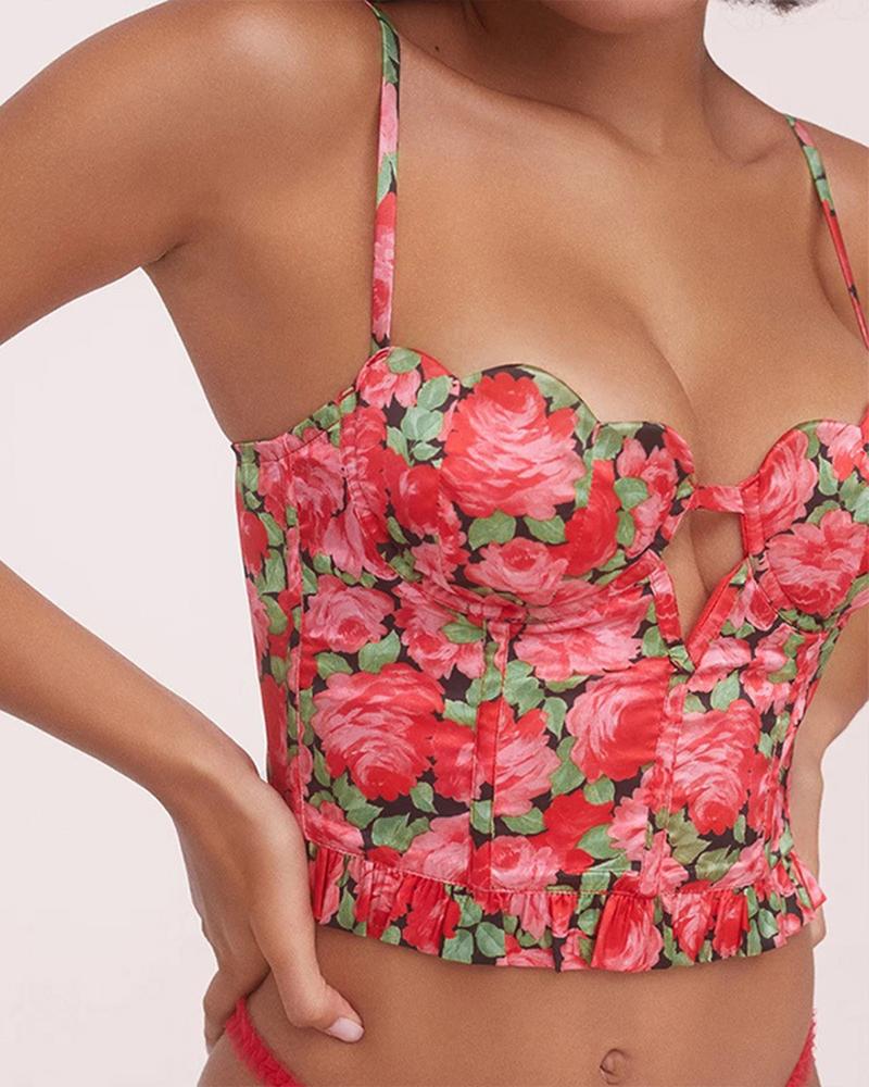 

Floral Painting Print Cut-out Sling Cropped Top, Red