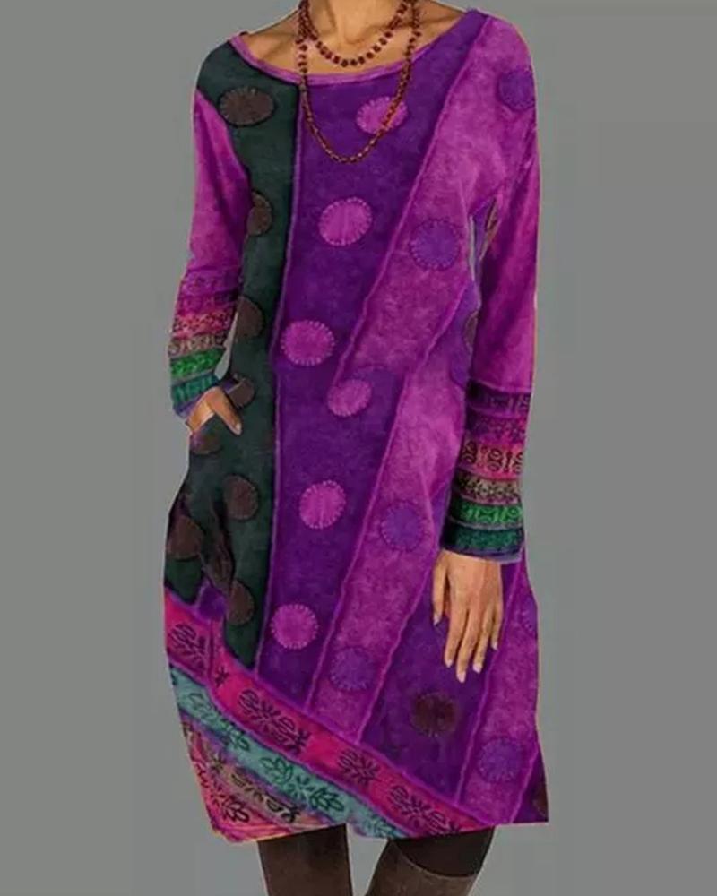 

Plus Size Colorblock Pocket Design Long Sleeve Dress, Purple