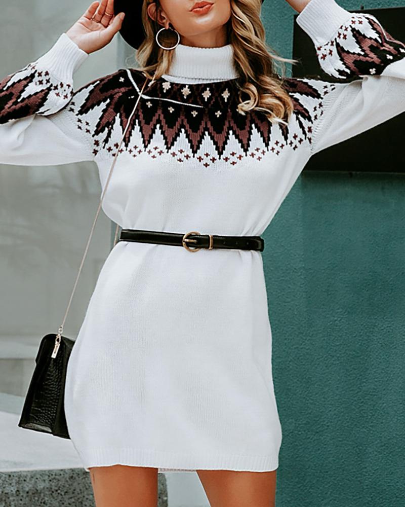 

High Neck Long Sleeve Sweater Dress, White