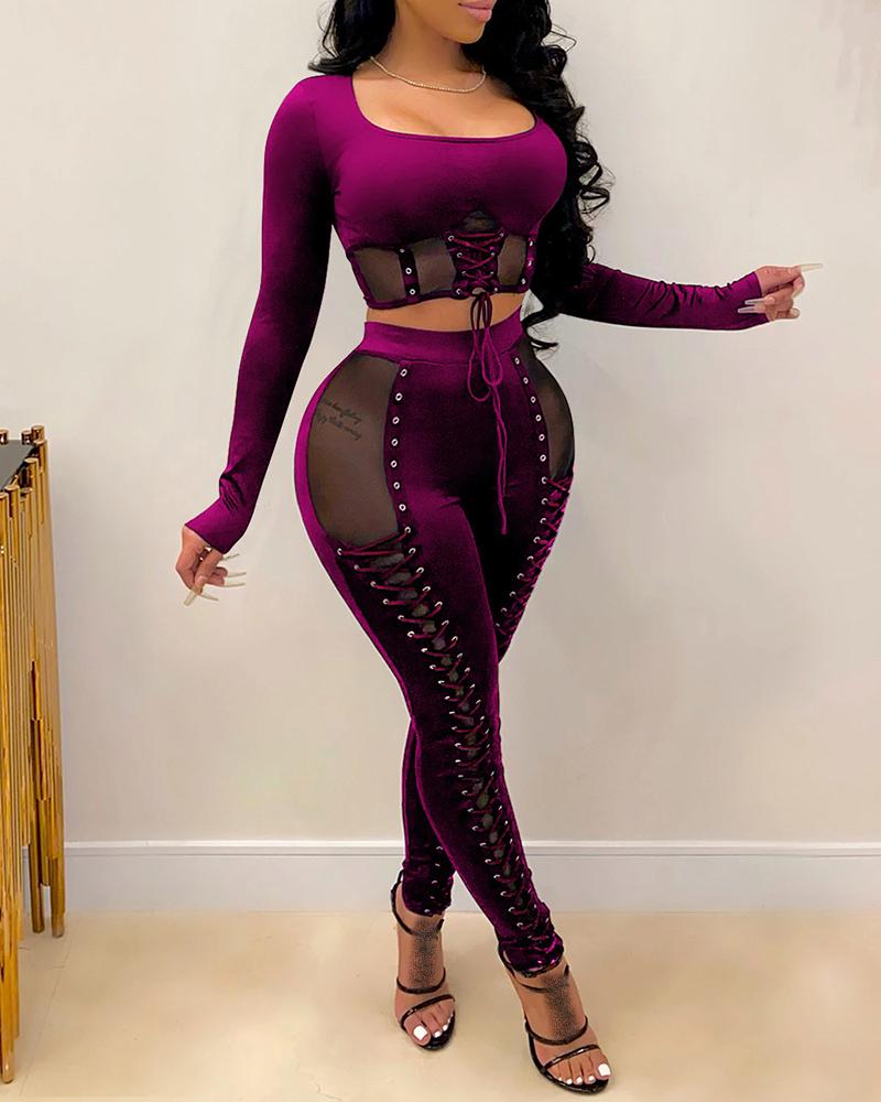 

Eyelet Lace-up Sheer Mesh Top & Pants Set, Purple