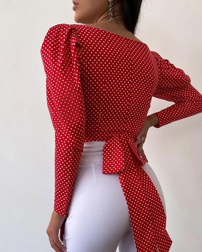 

Polkadot Print Knotted Back Puff Sleeve Top, Red